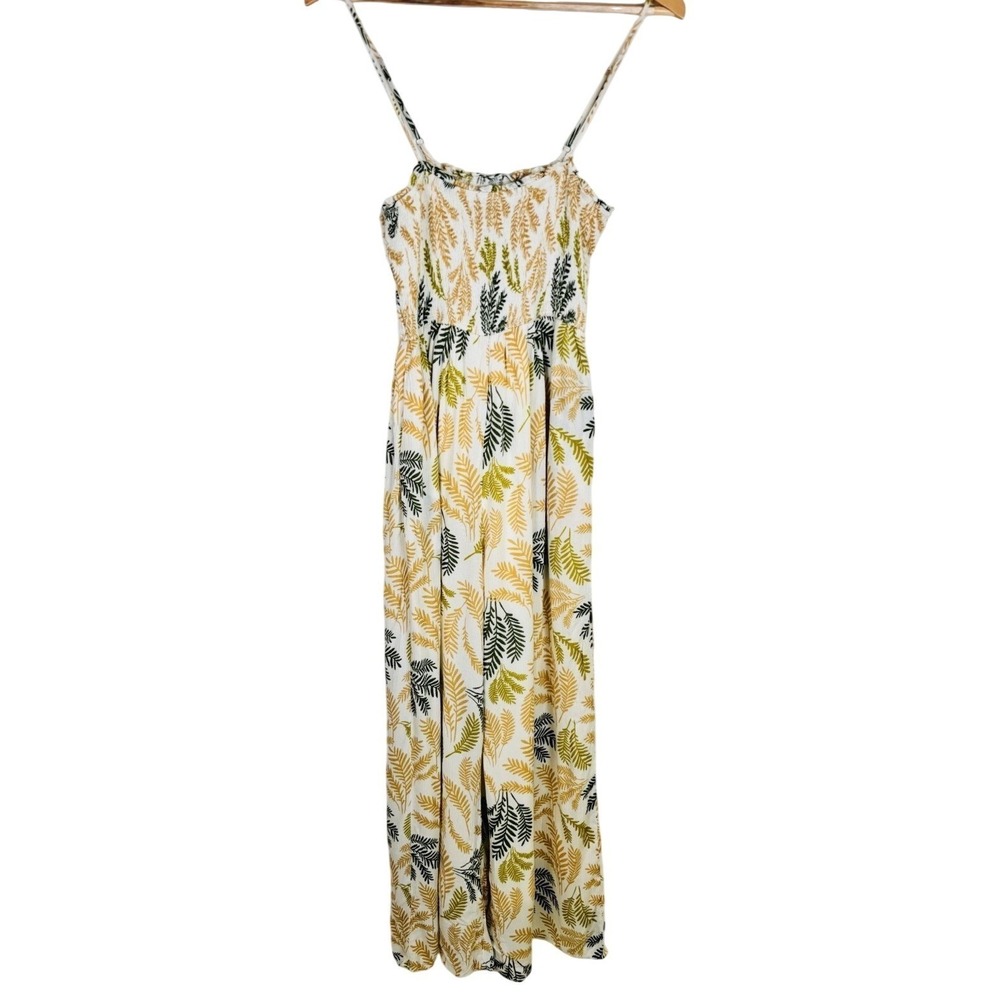 Mittoshop Small Palm Print Smocked Jumpsuit Spaghetti Strap Wide Leg‎ Romper